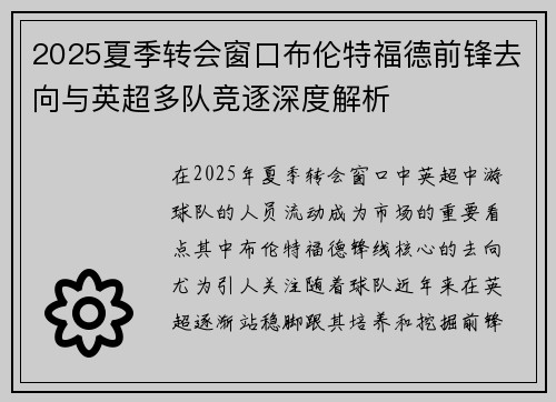2025夏季转会窗口布伦特福德前锋去向与英超多队竞逐深度解析